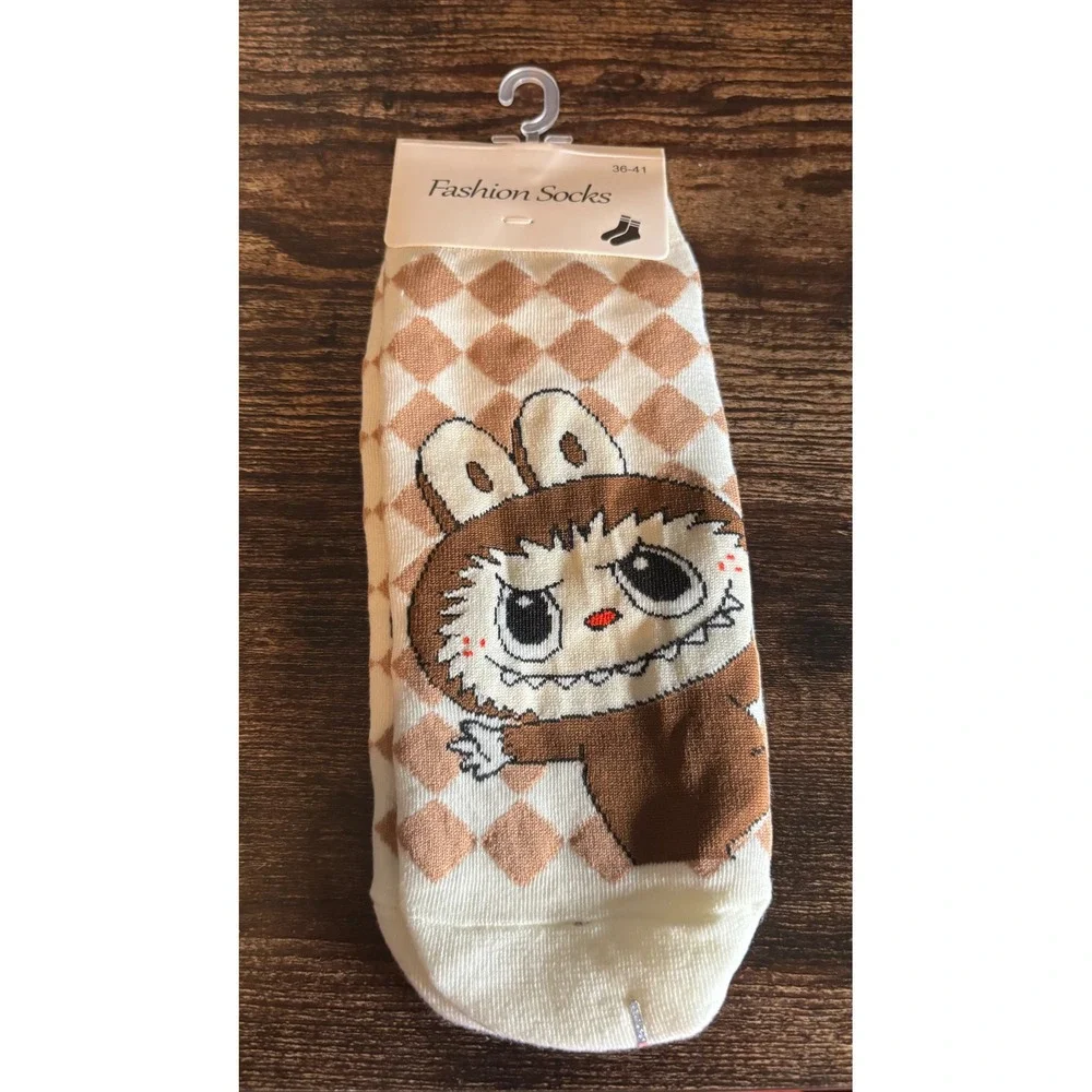 Labubu Character Argyle Ankle Socks Tan Cream Diamond Pattern New